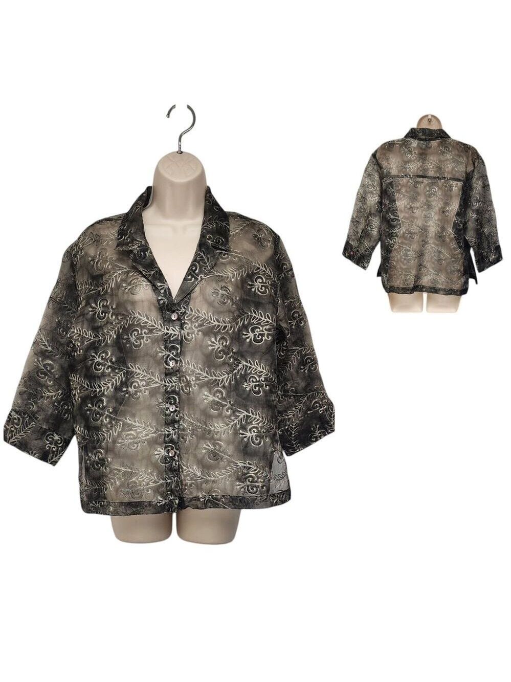 Chico's Vintage Embroidery Floral Sheer 3/4 Sleeve Blouse Size 1 (US M-8)